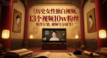 历史女性独白视频，13个视频10w粉丝，伙伴计划，视频号分成等-云创网