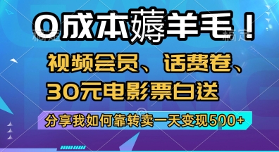 0成本薅羊毛!视频会员、话费卷、30元电影票白送，分享我如何靠转卖一天变现5张+【揭秘】-云创网