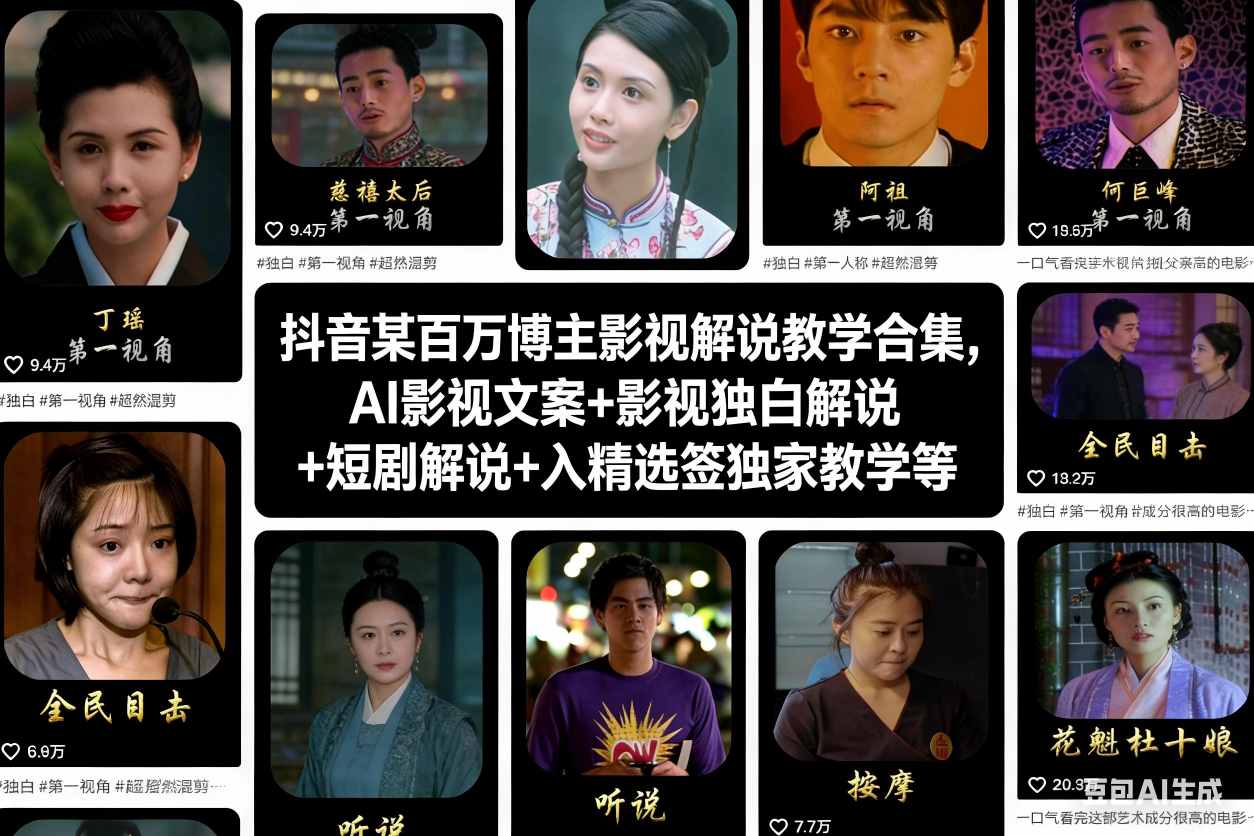 抖音某百万博主影视解说教学合集，AI影视文案+影视独白解说+短剧解说+入精选签独家教学等-云创网