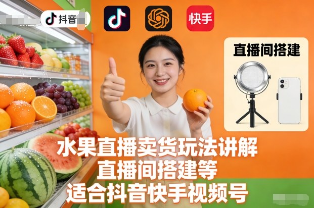 水果直播卖货玩法讲解、直播间搭建等，适合抖音快手视频号-云创网