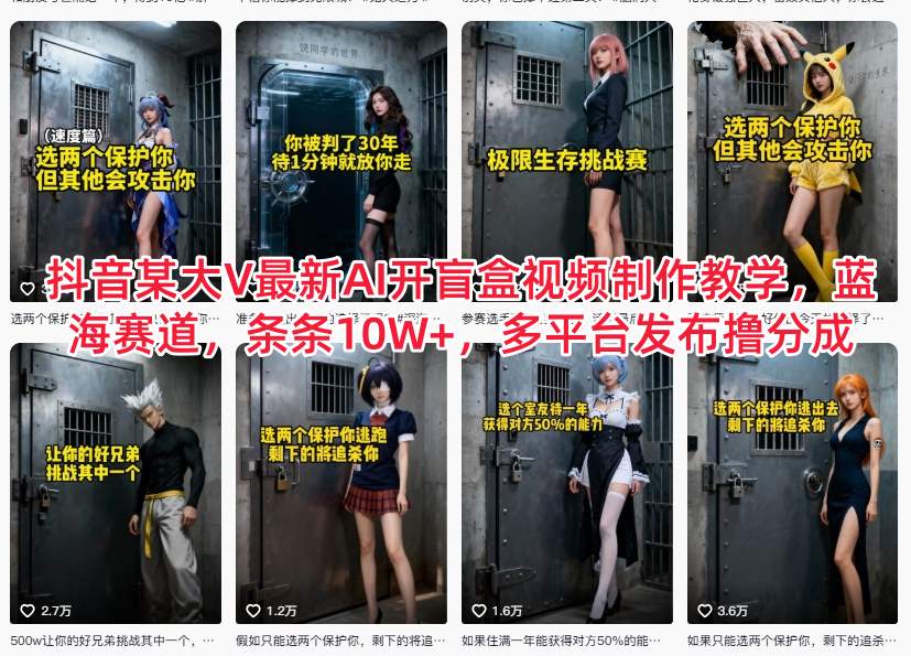 抖音某大V最新AI开盲盒视频制作教学，蓝海赛道，条条10W+，多平台发布撸分成-云创网