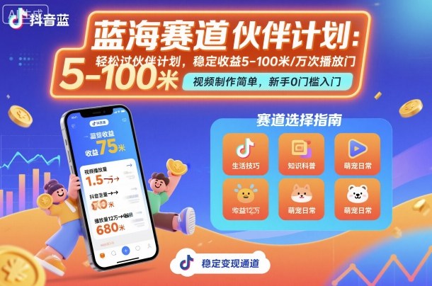 抖音蓝海赛道，轻松过伙伴计划，视频制作简单，万次播放收益在5-100米，稳定收益-云创网
