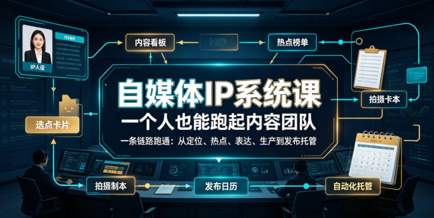 自媒体IP系统课，一个人也能跑起内容团队，一条链路跑通，从定位、热点、表达、生产到发布托管-云创网