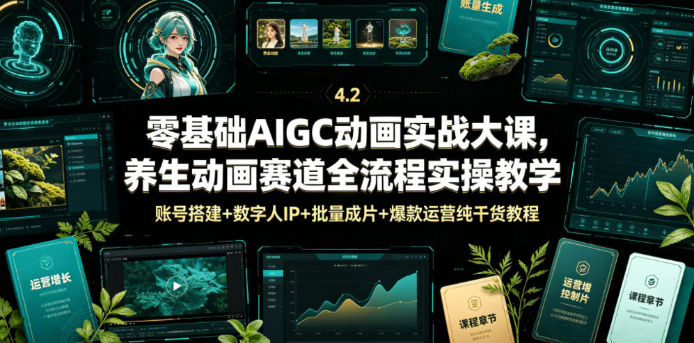 零基础AIGC动画实战大课，养生动画赛道全流程实操教学，账号搭建+数字人IP+批量成片+爆款运营纯干货教程-云创网