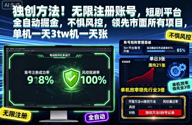 独创方法！无限注册账号，短剧平台全自动掘金，不惧风控，领先市面所有项目，单机一天3张【揭秘】-云创网