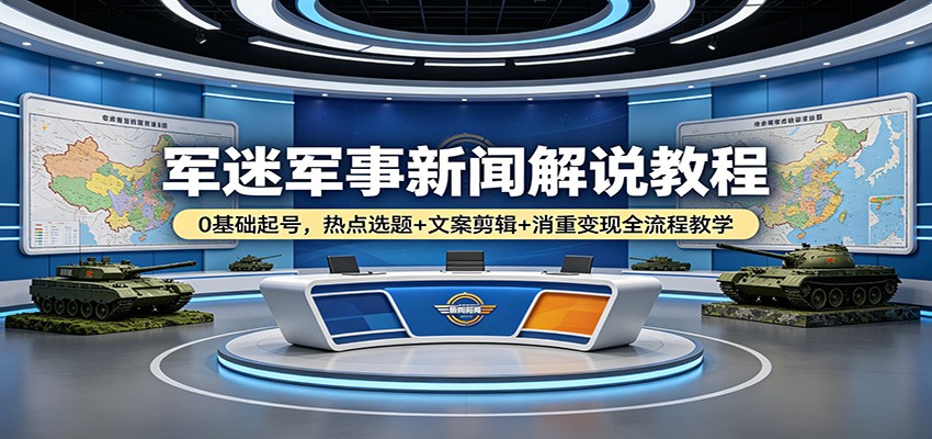 军迷军事新闻解说教程：0基础起号，热点选题+文案剪辑+消重变现全流程教学-云创网