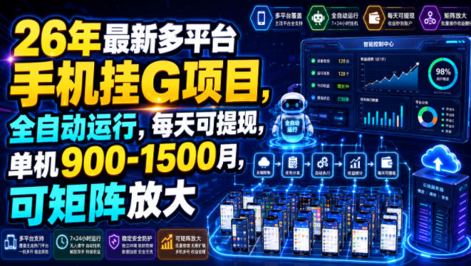 26年最新多平台手机挂G项目，全自动运行，每天可提现，单机900-1500月，可矩阵放大【揭秘】-云创网