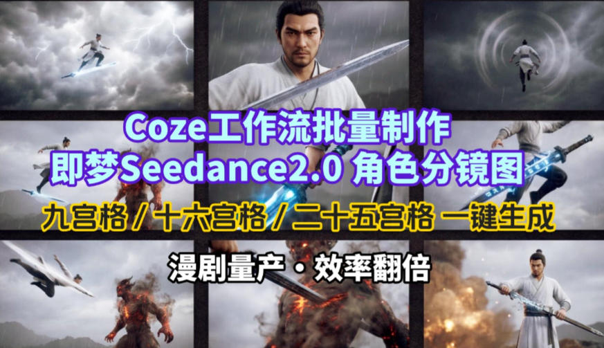 Coze工作流批量制作即梦Seedance2.0角色分镜图，九宫格-十六宫格-二十五宫格一键生成，漫剧量产，效率翻倍-云创网