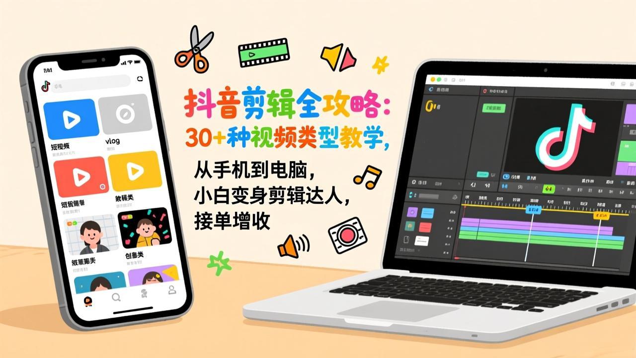 抖音剪辑全攻略：30+种视频类型教学，从手机到电脑，小白变身剪辑达人，接单增收-云创网