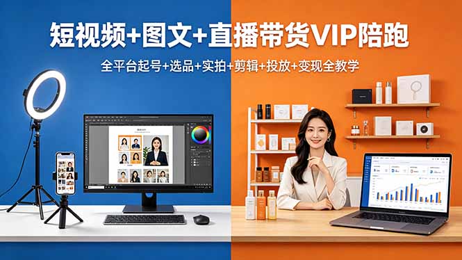 短视频+图文+直播带货VIP陪跑，全平台起号+选品+实拍+剪辑+投放+变现全教学-云创网