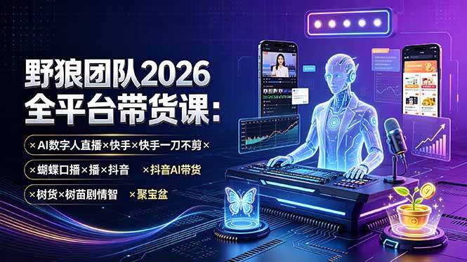 （19511期）野狼团队2026全平台带货课-7月：AI数字人直播×快手一刀不剪×蝴蝶口播×抖音AI带货×树苗剧情智剪×聚宝盆-云创网