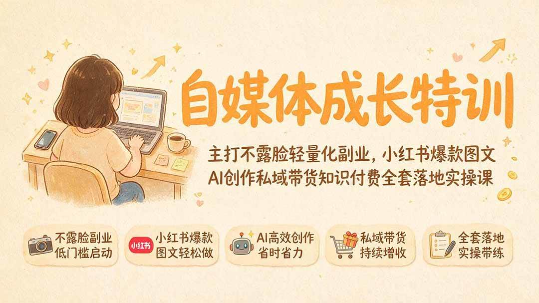 （19584期）自媒体成长特训｜主打不露脸轻量化副业，小红书爆款图文AI创作私域带货知识付费全套落地实操课-云创网