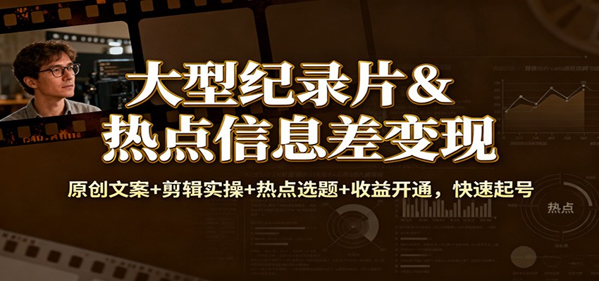 大型纪录片&热点信息差变现：原创文案+剪辑实操+热点选题+收益开通，快速起号-云创网