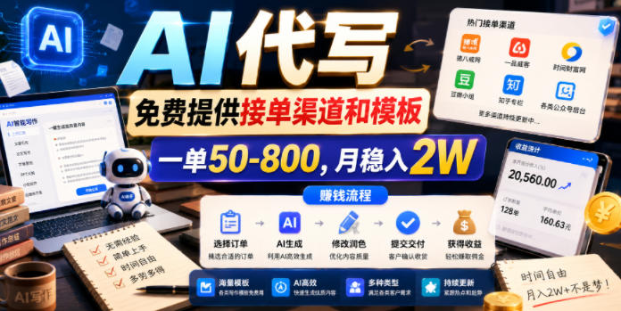 AI代写，免费提供接单渠道和模板，一单50-800，月稳入2W【揭秘】-云创网