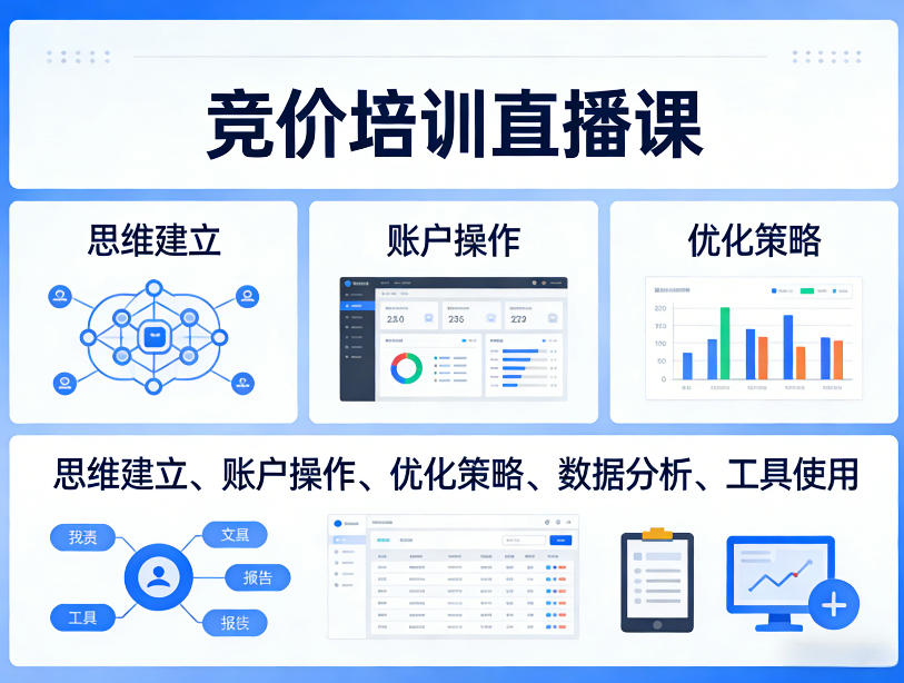 竞价培训直播课，覆盖思维建立、账户操作、优化策略、数据分析、工具使用等，全方位提升效果-云创网