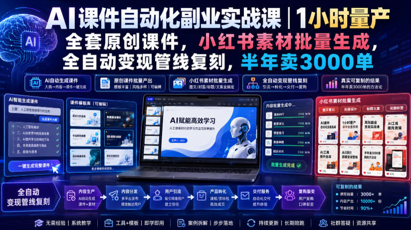 AI课件自动化副业实战课｜1小时量产全套原创课件，小红书素材批量生成，全自动变现管线复刻，半年卖3000单-云创网