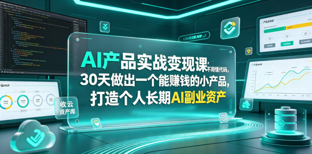 AI产品实战变现课，不用懂代码，30天做出一个能賺钱的小产品，打造个人长期AI副业资产-云创网