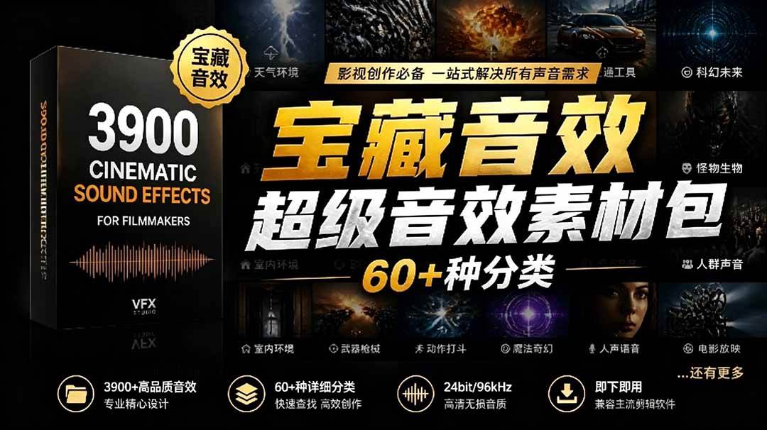 （18660期）宝藏音效合集包！60+多种音效分类，共计3900个，分类清晰，全中文分类，高品质剪辑音效素材包-云创网