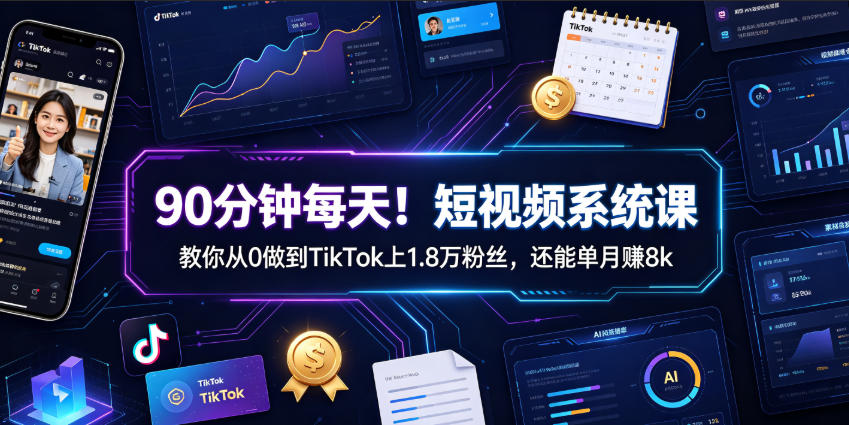 90分钟每天！短视频系统课教你从0做到TikTok上1.8万粉丝，还能单月賺8k【原创双语字幕】-云创网