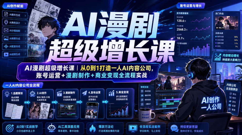 AI漫剧超级增长课｜从0到1打造一人AI内容公司，账号运营+漫剧制作+商业变现全流程实战-云创网