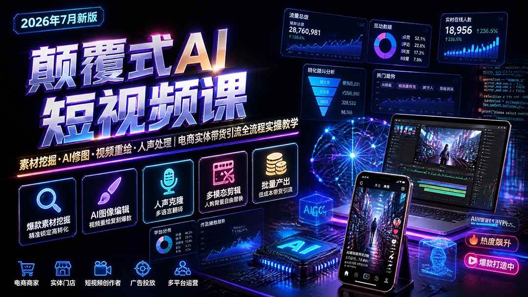 （19630期）颠覆式AI短视频课｜素材挖掘，AI修图，视频重绘，人声处理｜电商实体带货引流全流程实操教学-云创网