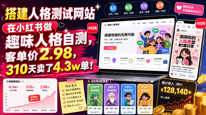搭建人格测试网站在小红书做趣味人格自测，客单价2.98，310天卖了4.3w单！-云创网