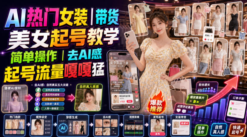 AI热门女装带货丨美女起号教学，简单操作，去AI感，起号流量嘎嘎猛-云创网