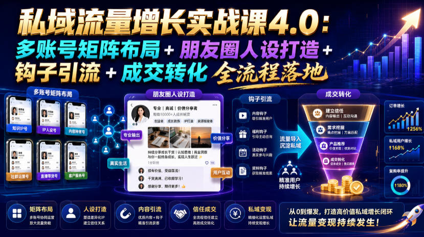 私域流量增长实战课4.0：多账号矩阵布局+朋友圈人设打造+钩子引流+成交转化全流程落地-云创网