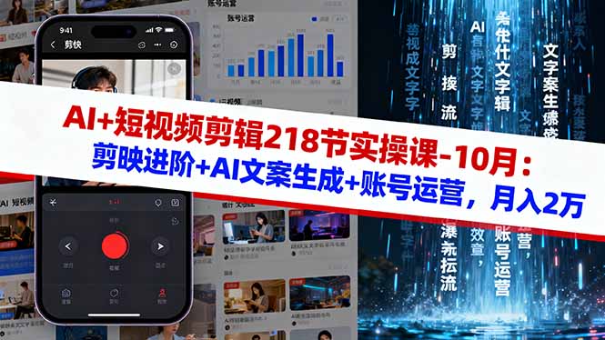 AI+短视频剪辑218节实操课-10月：剪映进阶+AI文案生成+账号运营，月入2万-云创网