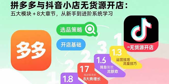 拼多多与抖音小店无货源开店：五大模块+8大章节，从新手到进阶系统学习-云创网