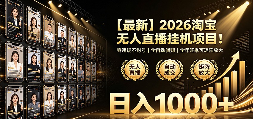 最新2026淘宝无人直播挂机项目！零违规不封号，全自动躺赚，日入1000+-云创网