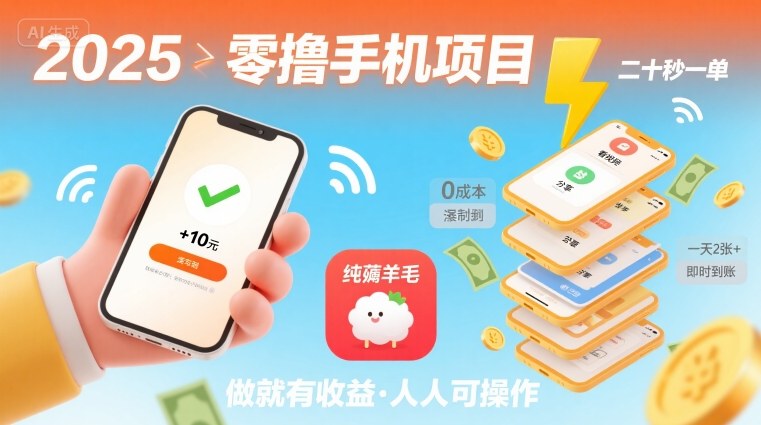 2025年零撸手机项目，二十秒一单，纯薅羊毛 一天2张+做就有-云创网