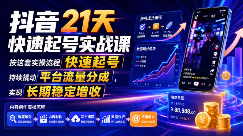 抖音21天快速起号实战课，按这套实操流程快速起号，持续撬动平台流量分成，实现长期稳定增收-云创网