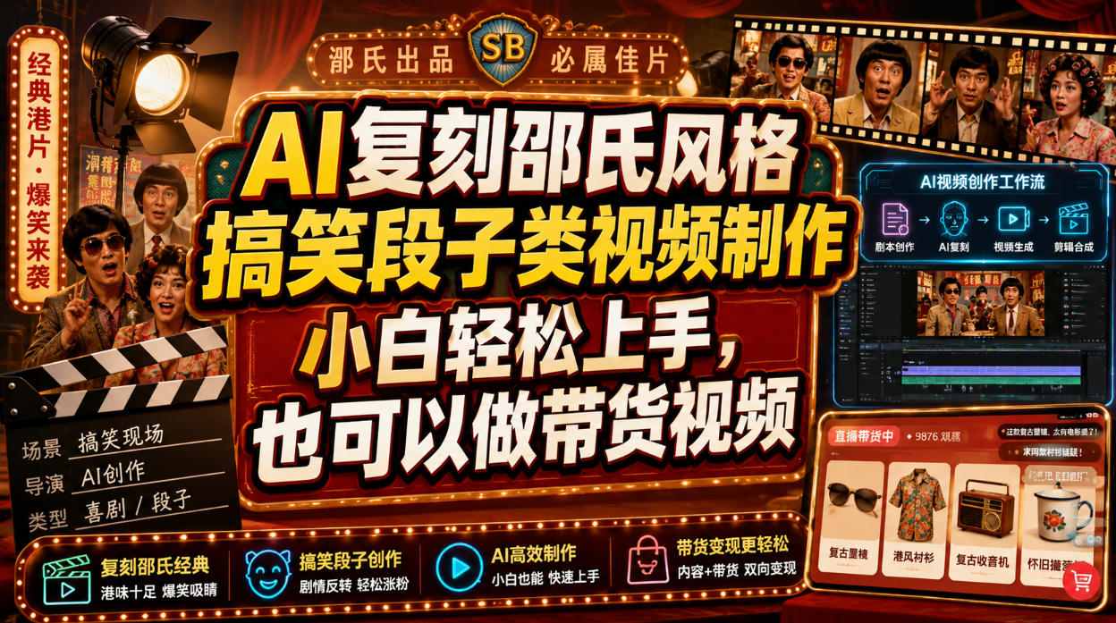 AI复刻邵氏风格搞笑段子类视频制作，小白轻松上手，也可以做带货视频-云创网