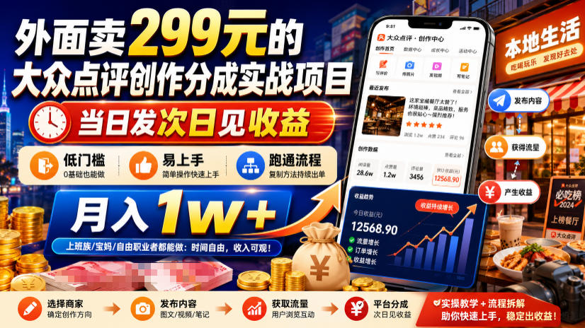 外面卖299元的大众点评创作分成实战项目，当日发次日见收益，低门槛易上手，跑通流程月入1w+-云创网