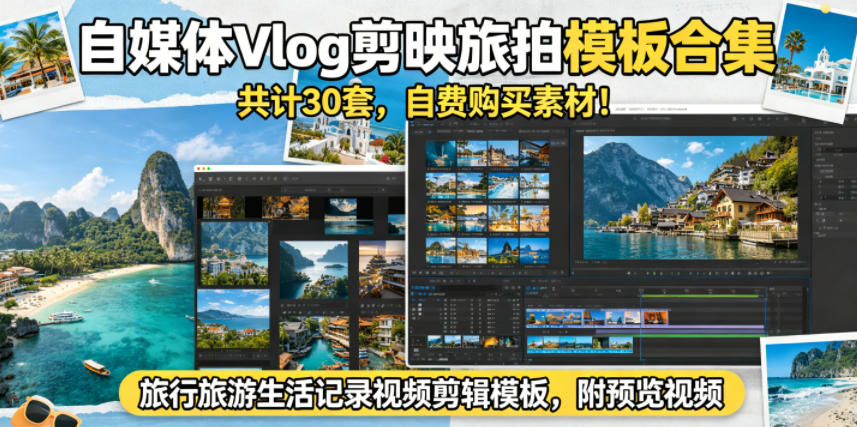 自媒体Vlog剪映旅拍模板合集，共计30套，自费购买素材！旅行旅游生活记录视频剪辑模板，附预览视频-云创网