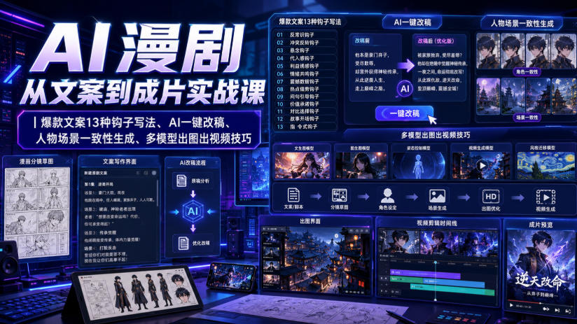 AI漫剧从文案到成片实战课｜爆款文案13种钩子写法、AI一键改稿、人物场景一致性生成、多模型出图出视频技巧-云创网