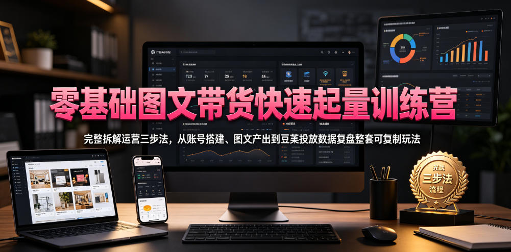 零基础图文带货快速起量训练营，完整拆解运营三步法，从账号搭建、图文产出到豆荚投放数据复盘整套可复制玩法-云创网