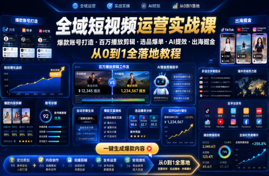 全域短视频运营实战课，爆款账号打造・百万播放剪辑・选品爆单・AI提效・出海掘金，从0到1全落地教程-云创网