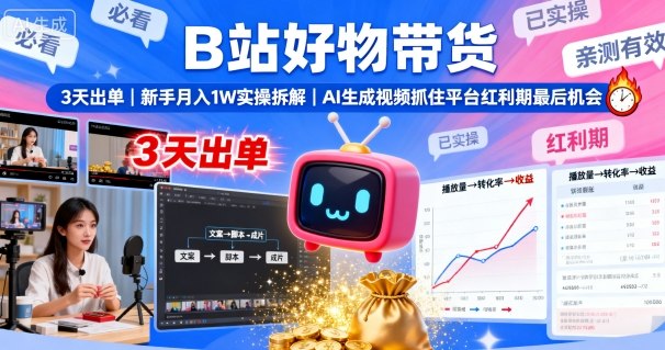 B站好物带货，3天出单，新手月入1W实操拆解，AI生成视频，抓住平台红利期最后机会-云创网