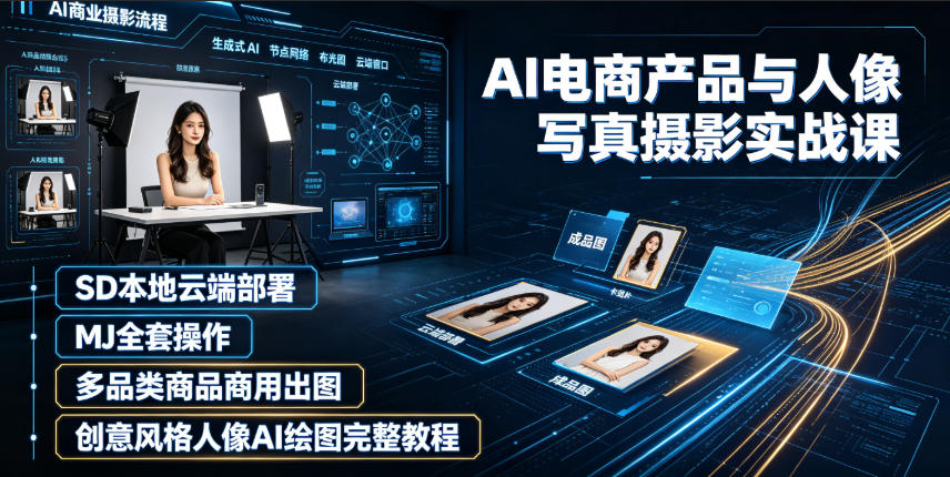 AI电商产品与人像写真摄影实战课｜SD本地云端部署、MJ全套操作、多品类商品商用出图、创意风格人像AI绘图完整教程-云创网