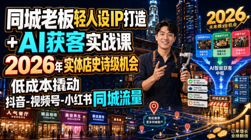 同城老板轻人设IP打造+AI获客实战课，2026年实体店史诗级机会，低成本撬动抖音-视频号-小红书同城流量-云创网