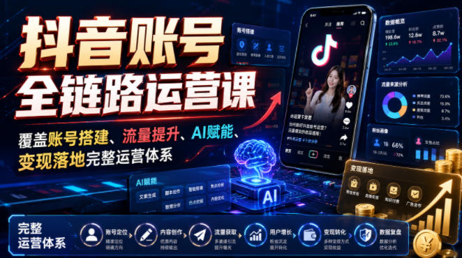 抖音账号全链路运营课，覆盖账号搭建、流量提升、AI赋能、变现落地完整运营体系-云创网