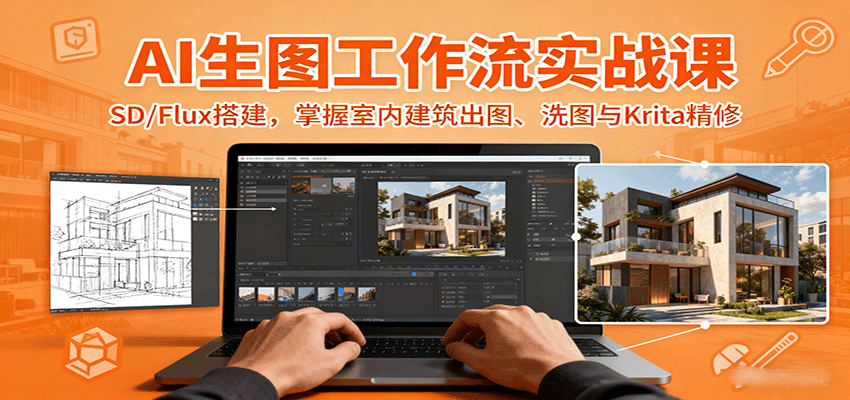 AI生图工作流实战课：SD/Flux搭建，掌握室内建筑出图、洗图与Krita精修-云创网