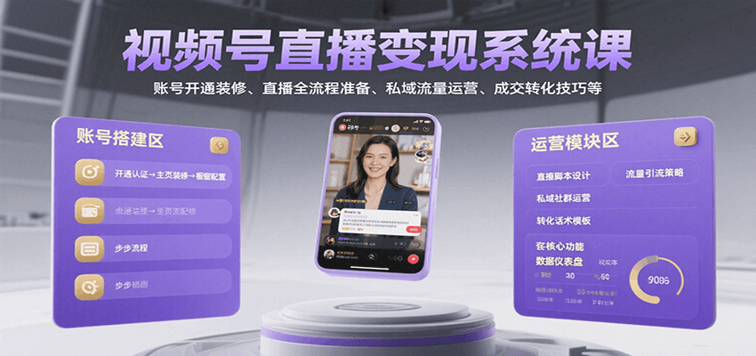 视频号直播变现系统课，账号开通装修、直播全流程准备、私域流量运营、成交转化技巧等-云创网