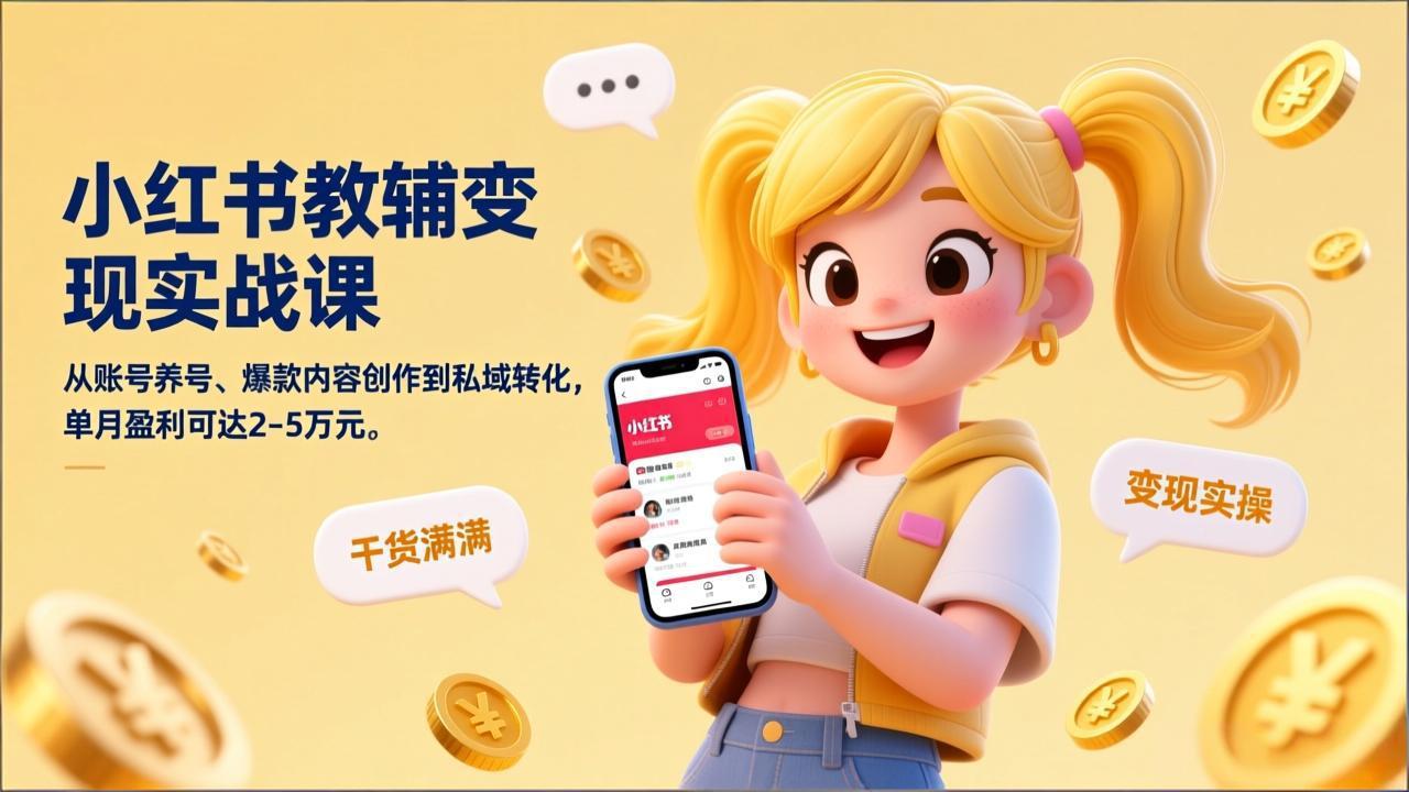 小红书教辅变现实战课，从账号养号、爆款内容创作到私域转化，单月盈利可达2-5万元-云创网