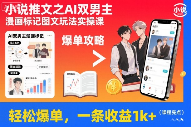 小说推文之AI双男主漫画标记图文玩法实操课，轻松爆单，一条收益1k+-云创网