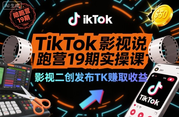 TikTok影视解说陪跑营19期实操课，影视二创发布TK賺取收益，万播收益50美金-云创网