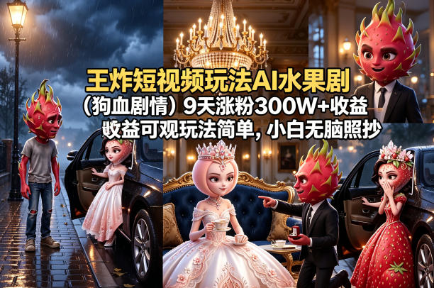 王炸短视频玩法AI水果剧(狗血剧情)9天涨粉300W+收益可观玩法简单，小白无脑照抄，详细拆解玩法-云创网