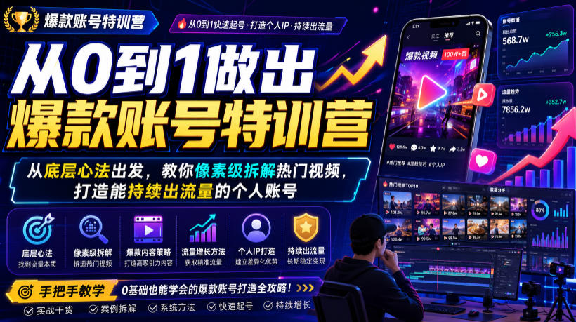 从0到1做出爆款账号特训营，从底层心法出发，教你像素级拆解热门视频，打造能持续出流量的个人账号-云创网